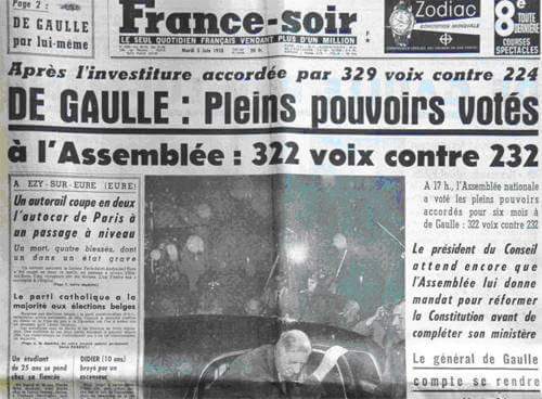 Une Francesoir 03.06.1958 Retour De Gaulle